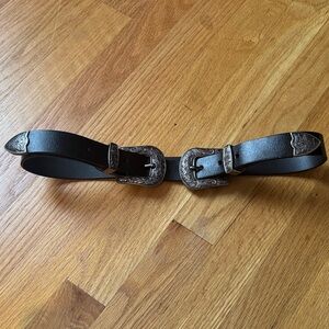 Western Black Leather Belt with Silver Buckles